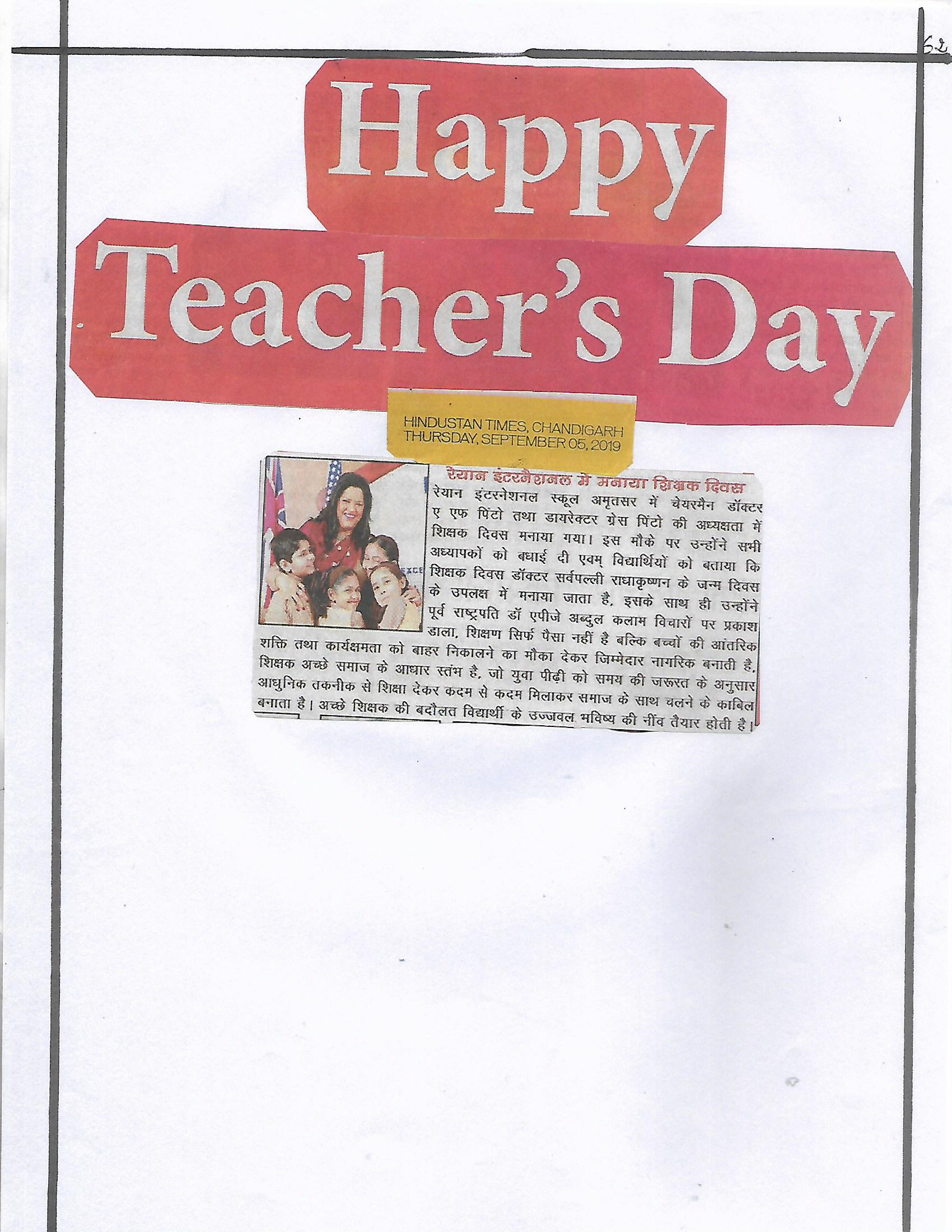 Teacher’s Day’ - Hindustan Times - Ryan International School, Amritsar